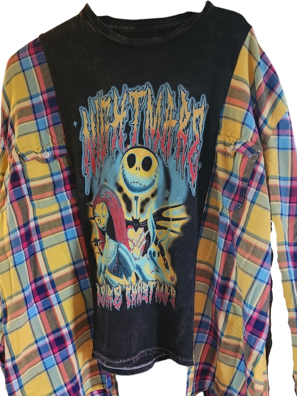 NBC Nightmare Before Christmas Black Graphic Tee with Yellow Plaid Shirt Layer